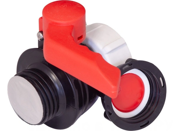 Кран п/э для еврокуба 50x75 с пластик. гайкой, с прокладкой EPDM, с резьбой S60x6 цв. чёрный, код: 38021